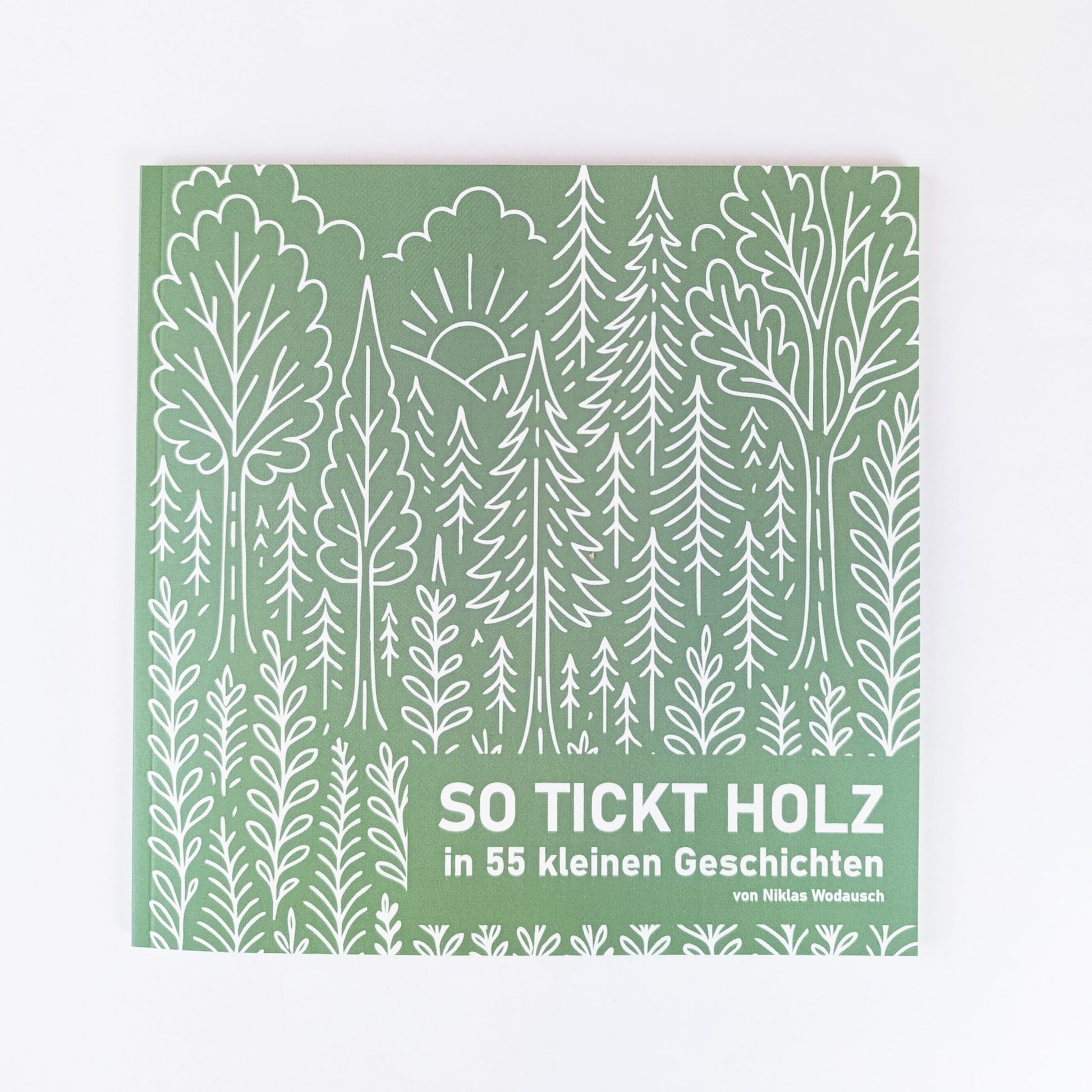 Buchcover von „So tickt Holz – in 55 kleinen Geschichten“ mit klarer Typografie und grafischer Holzstruktur auf weißem Hintergrund