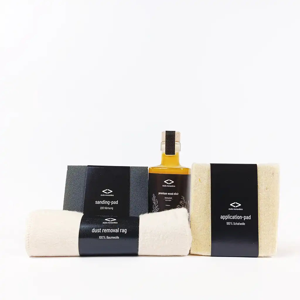 Produktfoto des Ölpflegesets 200ml mit premium wood elixir – das ideale Set für nachhaltige und effektive Holzpflege von Möbeln und Oberflächen