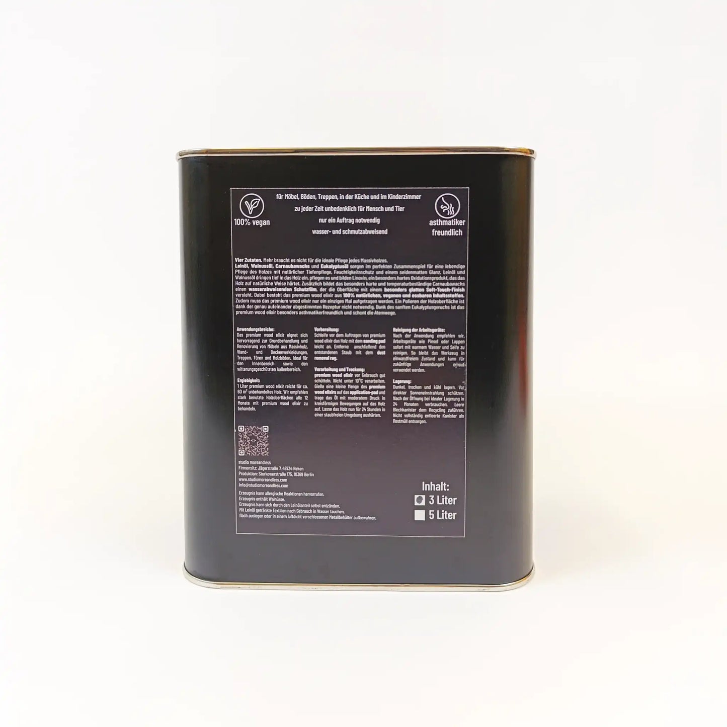 Rückseite des 3 l Kanisters premium wood elixir – mit Anwendungshinweisen, Inhaltsstoffen und Sicherheitsempfehlungen für die natürliche Holzpflege