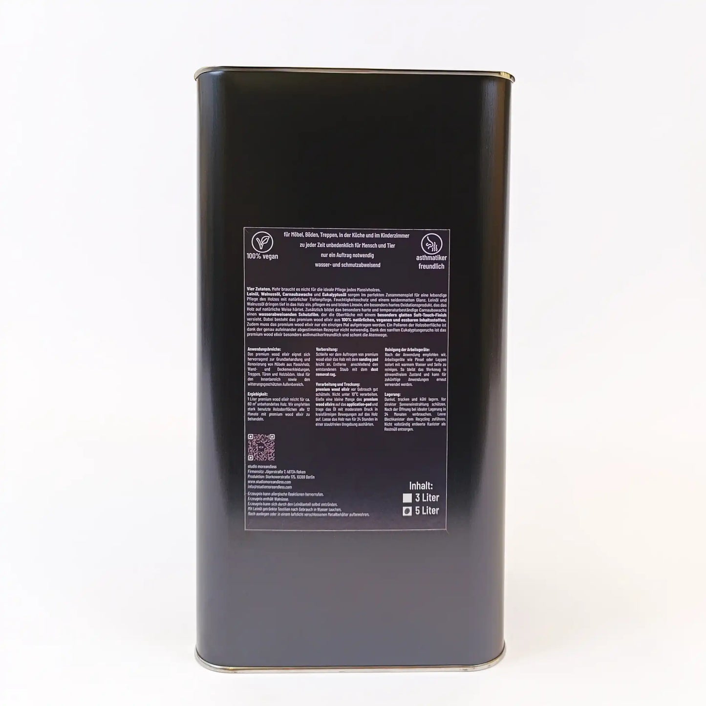 Rückseite des 5 l Kanisters premium wood elixir – mit Inhaltsstoffen, Anwendungshinweisen und Sicherheitshinweisen für die natürliche Holzpflege