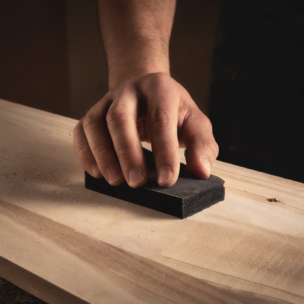 Firefly Tischler schleift eichenplatte mit schwarzem Schleifpapier ab sichtbar ist nur die hand 1067 nachhaltige Holzpflege aus 100% natürlichen Inhaltsstoffen. studio moreandless